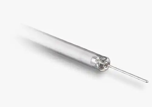 Clear glass syringe with a metal needle.