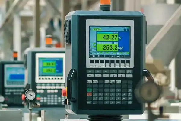 Digital industrial control panel with a screen displaying numerical measurements and multiple buttons.