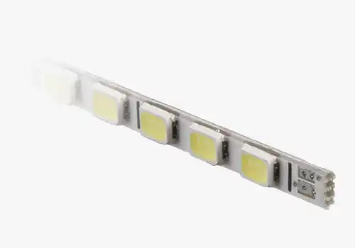 LED strip light with five white square diodes mounted on a narrow circuit board.