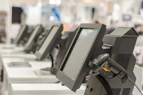 Row of point-of-sale terminals with digital displays and card readers.