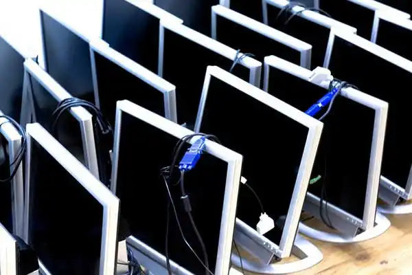 Rows of black computer monitors lined up on a surface.