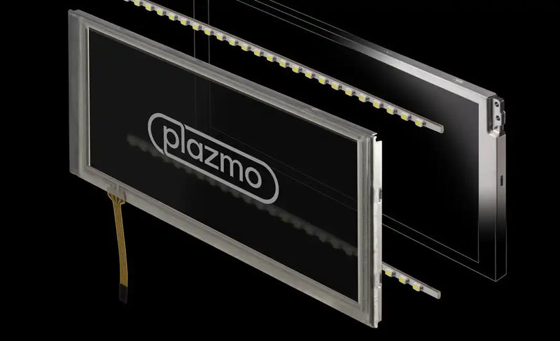 A transparent display panel with illuminated ’Plazma’ branding.